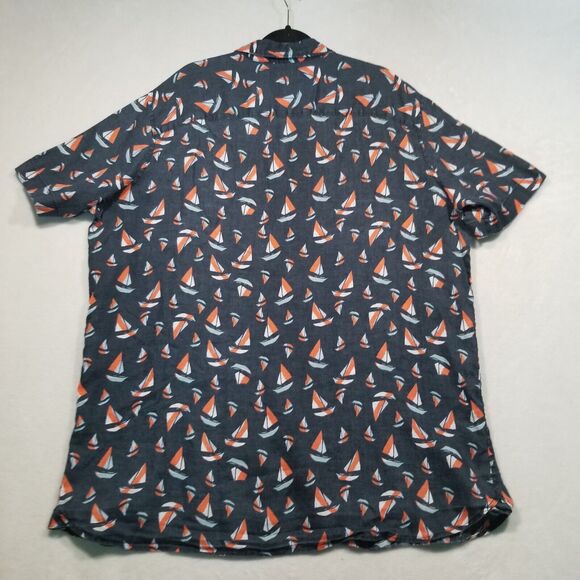 Perry Ellis Mens XLT Tall 100% Linen Shirt Sail Boat Print Navy Blue Camp Beach - Picture 9 of 10